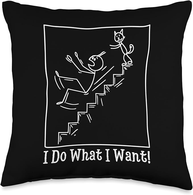 Funny Meme I do What I Want Cat Pushes Man Stick Figure Throw Pillow, 16x16, Multicolor
