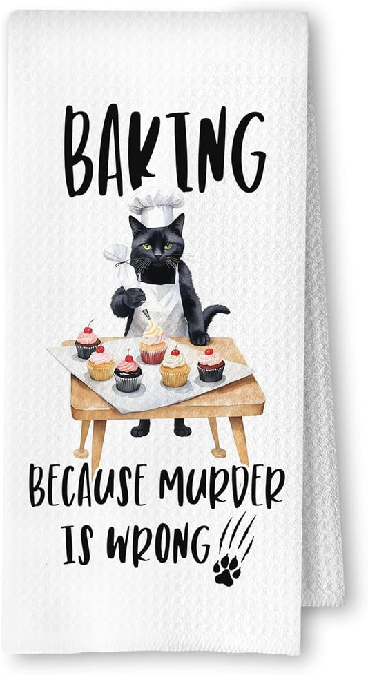 Funny Black Cat Baker Kitchen Towels, Cat Lover Mom Lady Gifts, Humorous Tea Towels for Baking, Gifts for Baking Lovers Decorative Dish Hand Towels for Kitchen, 16x24 Inches