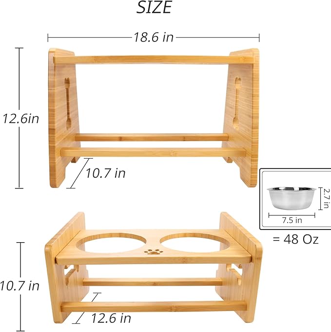 HTB Elevated Dog Bowls, Adjustable Pet Bowl Stand (Bamboo, 2 in 1-6.5'' or 11.8'')