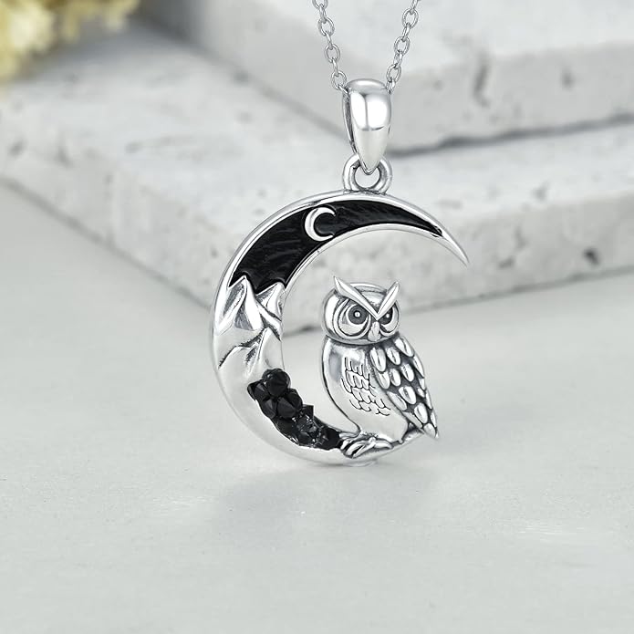 Gothic Jewelry Bat/Cat/Wolf/Dragon/Owl/Fox/Spider/Sun Pendant Sterling Silver Crescent Moon Necklace for Women Girls Black Jewelry Gifts