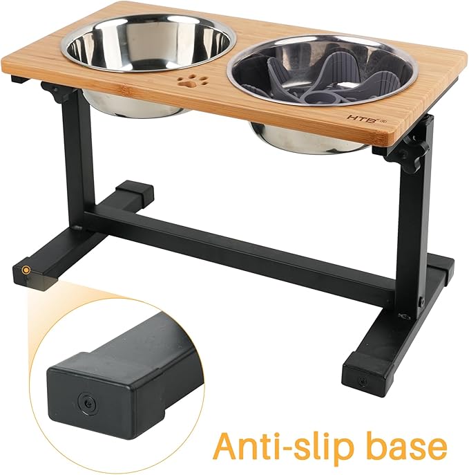 HTB Elevated Dog Bowls, Adjustable Pet Bowl Stand (Metal/Bamboo, 11.2'' to 16" Tall)