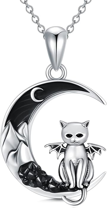 Gothic Jewelry Bat/Cat/Wolf/Dragon/Owl/Fox/Spider/Sun Pendant Sterling Silver Crescent Moon Necklace for Women Girls Black Jewelry Gifts