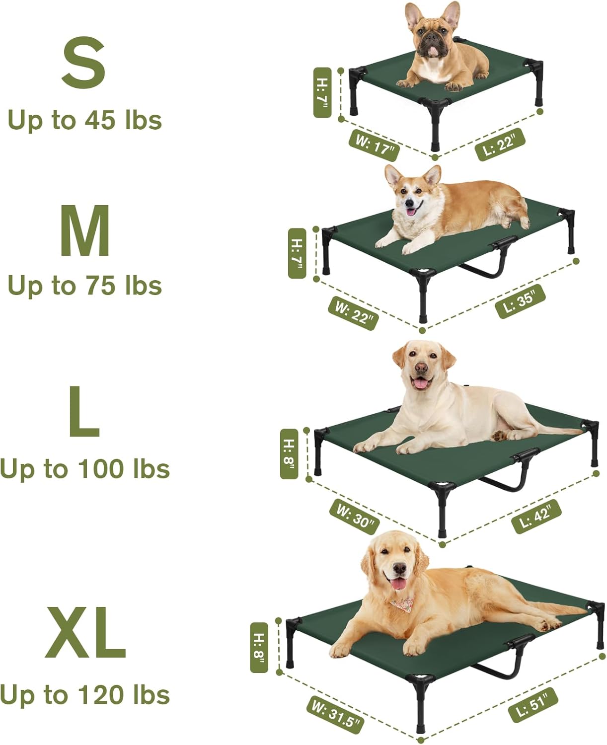Elevated Dog Bed 42 Inch - Breathable Raised Pet Bed for Large Dogs, Waterproof Dog Cot Bed Easy to Assemble, Durable Portable Pet Cot with Non-Slip Feet, Green