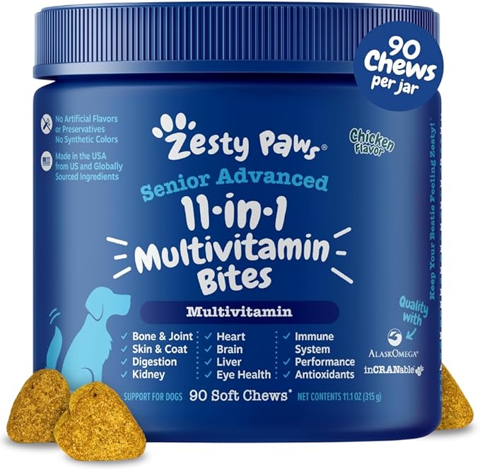 Zesty Paws Senior Dog Multivitamin Treats - Glucosamine for Dogs + Digestive Enzymes & Probiotics - Grain Free Dog Vitamins and Supplements for Skin & Coat + Immune Health Chicken - Advanced - 90ct