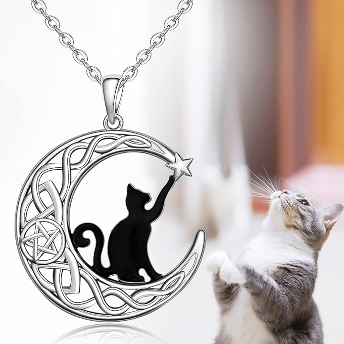 Fenthring Black Cat Necklace Sterling Silver Crescent Moon Celtic Knot Cat Necklaces for Women Cute Animal Infinity Pentacle Cats Halloween Christmas Holiday Jewelry