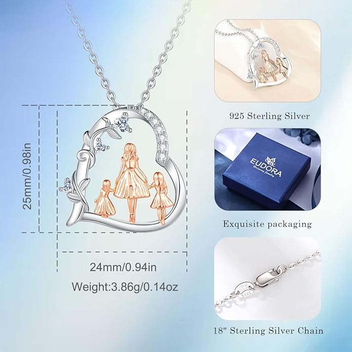 EUDORA Sterling Silver Mother Daughter Necklace for Women, Mama Son Daughter Necklace Pendant for Mom and Daughter,Mom Jewelry from Daughter Mother's Day Gift for Mother Daughter Aunt Grandma