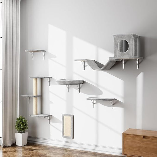 NUNU LAB Wall Mounted Cat Climber Set, 6 Pcs Cat Furniture Set with House, Bridge, Steps, Scratcher Board and Hammock, Shelves for Indoor, Luxury Walls Furniture(Gray)