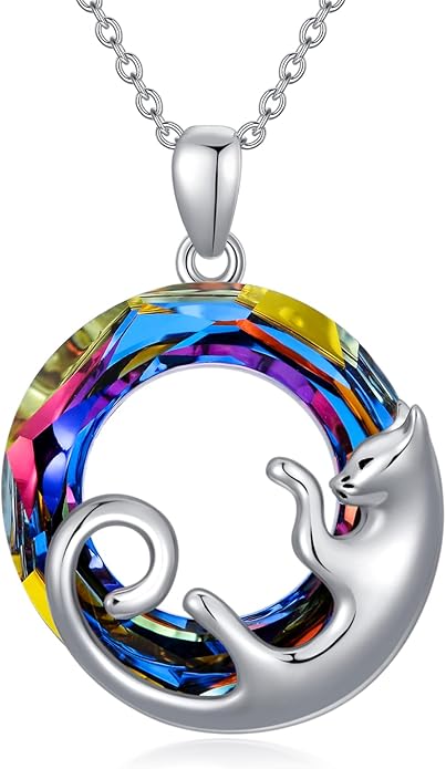 AOBOCO Valentine Cat Necklace for Women 925 Sterling Silver Cat Pendant Necklace Embellished with Crystals from Austria Jewelry Gifts for Cat Lovers