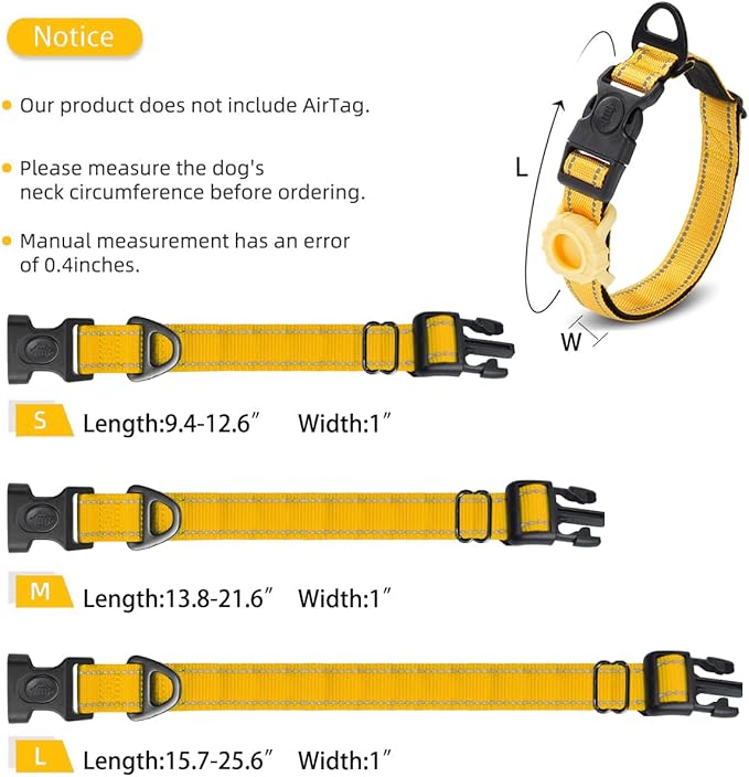 JSXD AirTag Dog Collar, Night Reflective Nylon Dog Collar for Small Medium Large Dogs,Lockable Quick Release Buckle,Padded Breathable Pet Collar with AirTag Holder (Yellow, Medium)