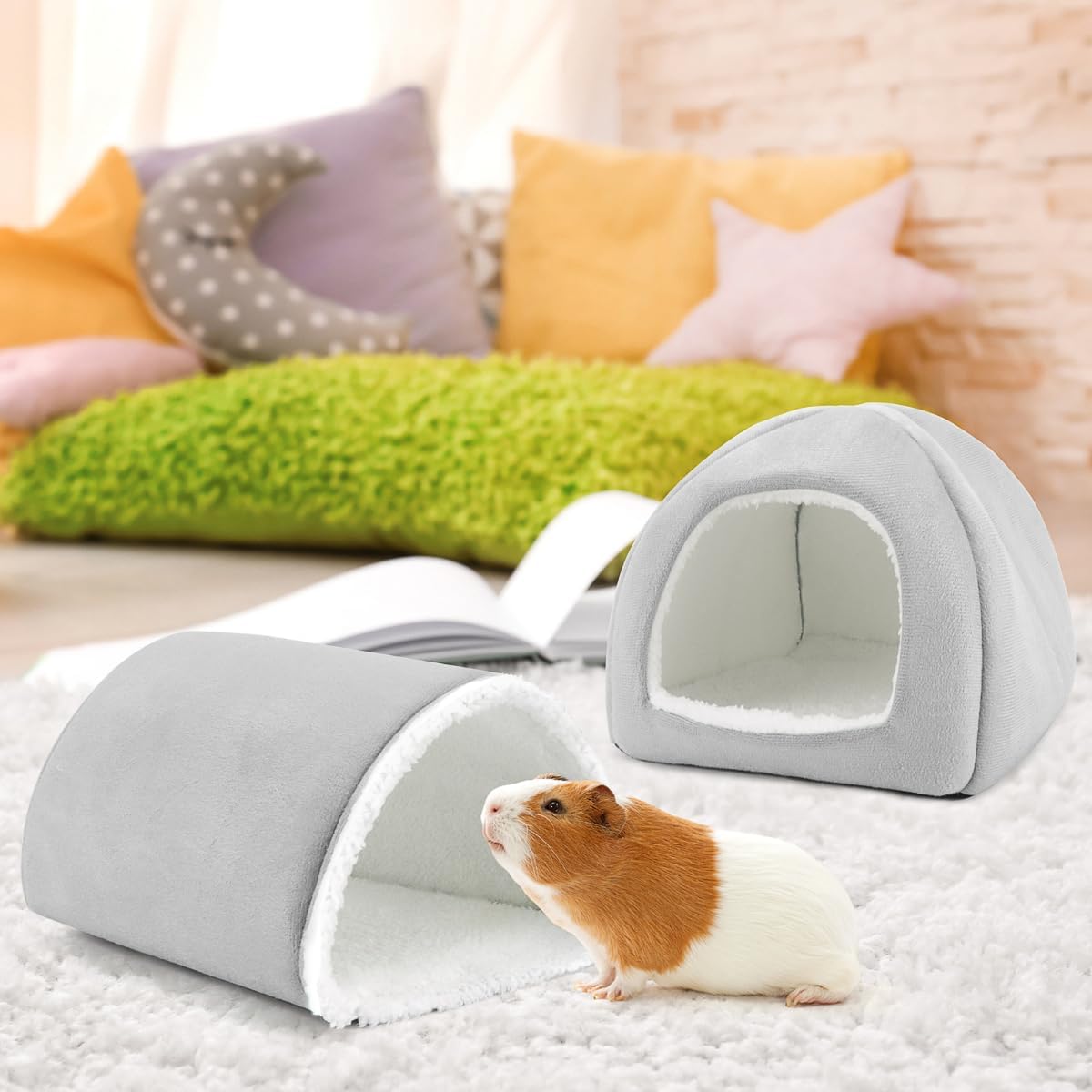 Guinea Pig Hideout and Tunnel Set, Soft Plush Bed & Play Tunnel for Guinea Pigs, Rabbits, Ferrets, Small Animals - Washable Accessories for Resting, Hiding, Exercising