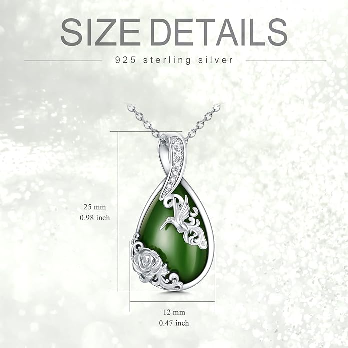 Green Jade Necklace Sterling Silver Teardrop Hummingbird/Dragonfly/Butterfly/Bee/Cat/Cardinal/Owl/Fox/Sloth Natural Jade Jewelry Birthday Mothers Day Christmas Gifts Women Mom Her