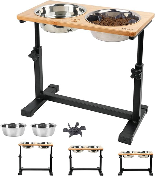 HTB Elevated Dog Bowls, Adjustable Pet Bowl Stand (Metal/Bamboo, 11.2'' to 16" Tall)