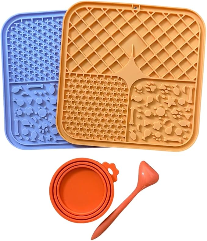 Silicone Slow Feeder Lick Mat Set for Dogs and Cats, Anxiety Relief Enrichment Feeding Mat with Spatula and Lid, Washable Non-Slip Pet Feeding Mat