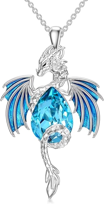 Dragon Necklace for Men Sterling Silver Birthstone Wyvern Necklace Embllished with Teardrop Shaped Crystal Jewelry for Women