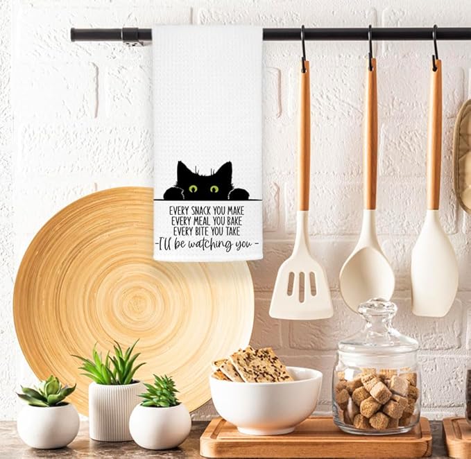 EXUQO Funny Cat Kitchen Towels - Black Cats Hand & Dish Towel Set, Housewarming Gift (White)