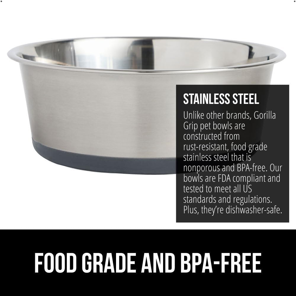 GORILLA GRIP Set of 2 Dog Bowls, Heavy Duty Metal Food and Water Bowl for Feeding Dogs and Cats, Dishwasher Safe, Rust Resistant Stainless Steel, BPA Free Rubber Base, Holds 1 Cup (8 fl oz), Gray