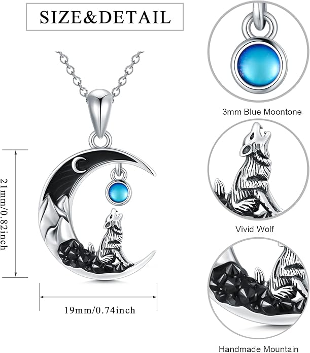 Gothic Jewelry Bat/Cat/Wolf/Dragon/Owl/Fox/Spider/Sun Pendant Sterling Silver Crescent Moon Necklace for Women Girls Black Jewelry Gifts