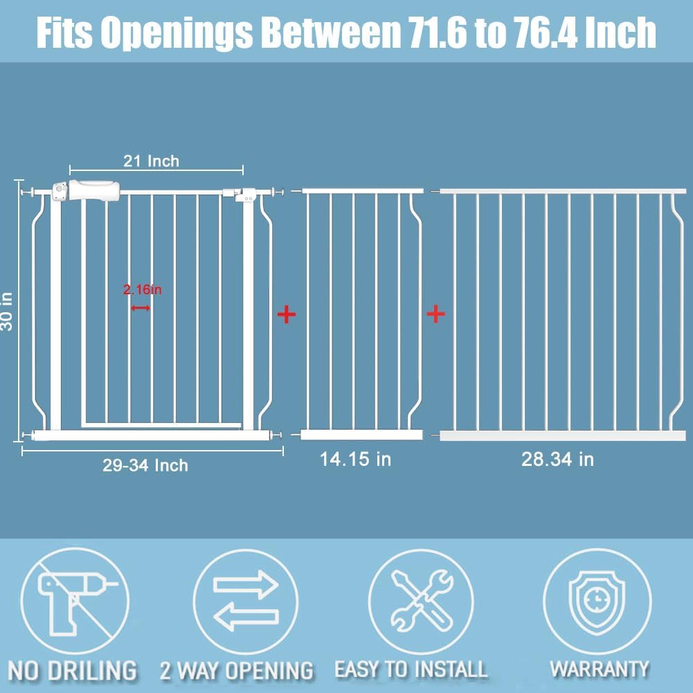 Extra Wide Baby Gates 71.5-76.3 Inch White Pressure Mounted Baby Gate Indoor Safety Gates Pressure Mounted Child Gate for Stairs Doorways Hallways