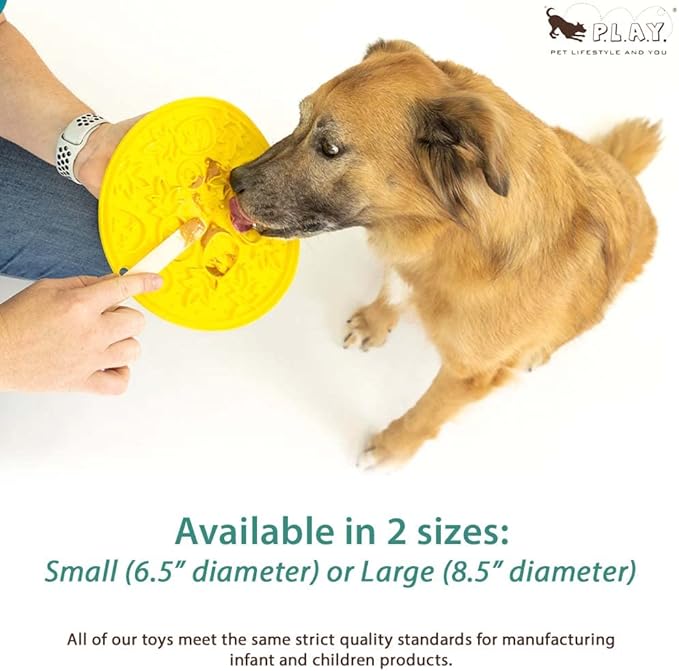 P.L.A.Y. Enrichment Feeding Lick Mat for Dogs & Cats - ZoomieRex EverLick, Great for Puppies & Small, Medium, Large Dog - Alleviate Boredom, Slow Feeder for Meal or Treats, Dishwasher Safe (Yellow)