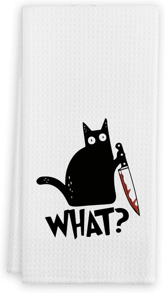 Funny Black Cat Kitchen Towels, Humorous What？Kitty Hand Towels, Funny Black Cat Lovers Mom Lady Owners Gifts for Bathroom Kitchen Decor Soft Dish Cloth for Women, 16x24 Inches