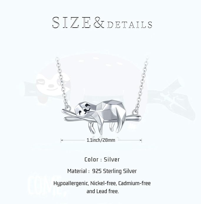 JUSTKIDSTOY Sloth Necklace Sterling Silver “Slow Down Be Happy” Slider Sloths Stuffed Animal Pendant Jewelry Charm Gifts for Women