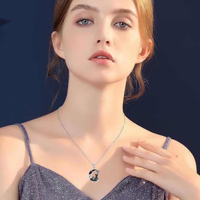 Gothic Jewelry Bat/Cat/Wolf/Dragon/Owl/Fox/Spider/Sun Pendant Sterling Silver Crescent Moon Necklace for Women Girls Black Jewelry Gifts