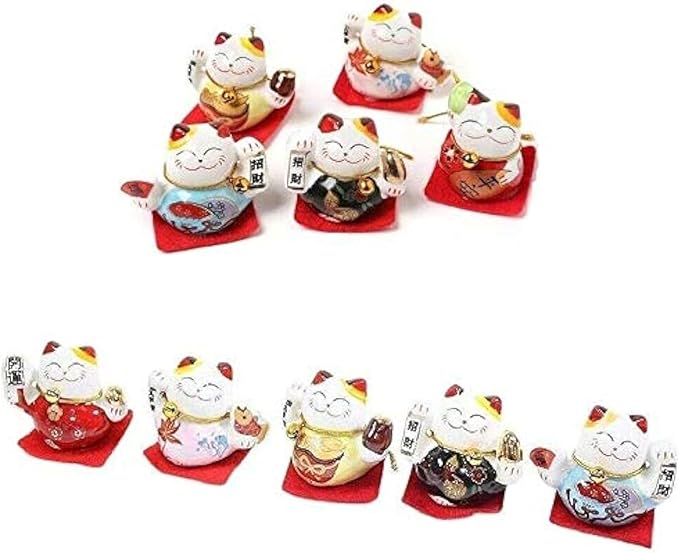 EatingBiting Set of 5 Japanese Ceramics Maneki Neko Lucky Cat Figurines Waving Upright Fortune Cat Figurines Cute Smiley Waving Upright Lucky Fortune