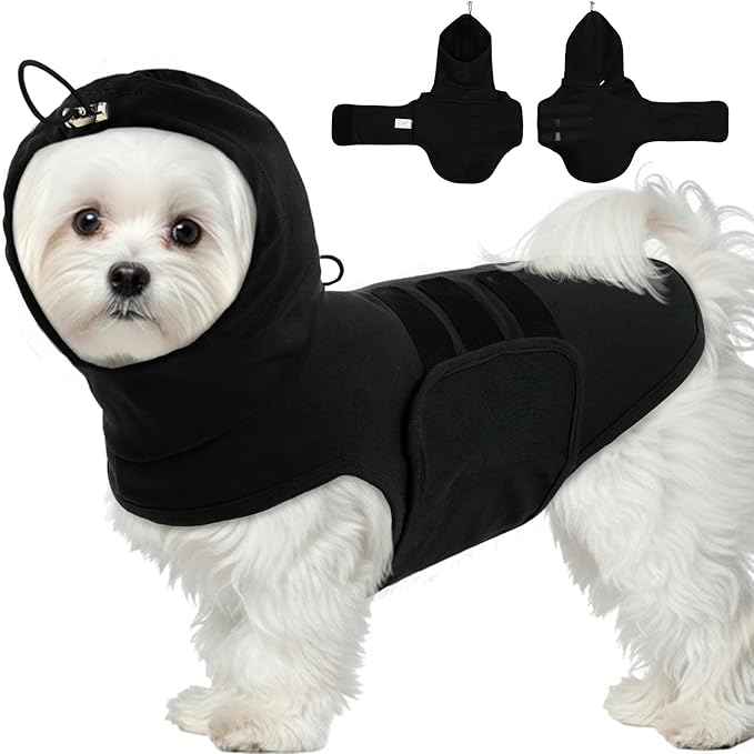 XS Dog Anxiety Vest - Sleeveless Calming Shirts with Hood | Adjustable Chest for Small Dogs,Warp Neck Body to Relief Anxious,Fear of New Places,Social Stress (Black)