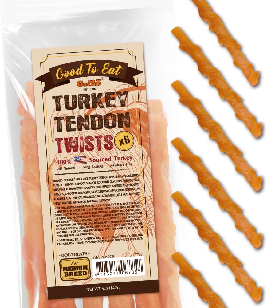 Gootoe Turkey Tendons for Dogs –All-Natural, Hypoallergenic Dog Treats, Rawhide Alternative, Long Lasting Puppy Chews, Healthy Dog Treats for Medium Breeds, Twists (M), 6 Count Pack