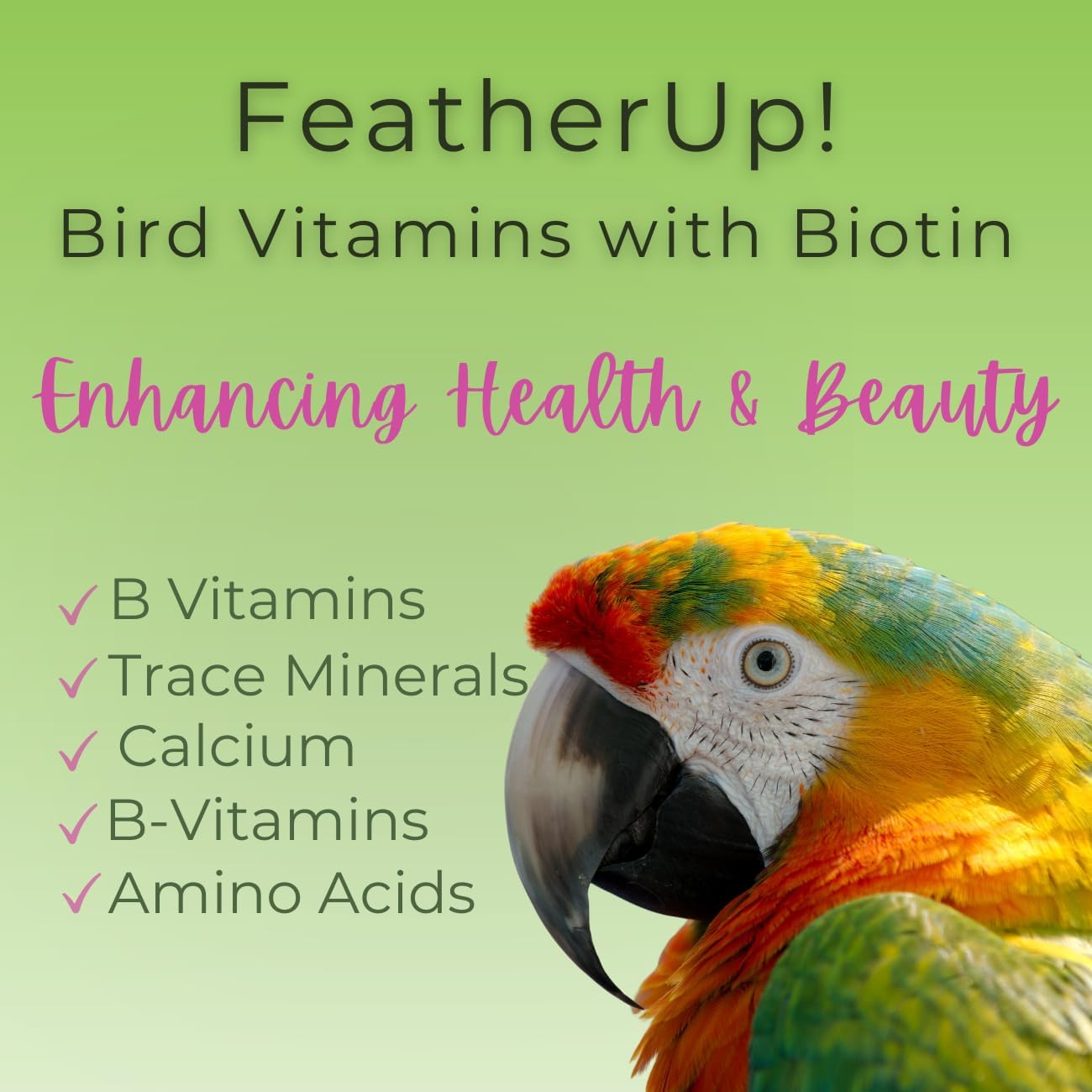 FeatherUp! Bird Vitamins with Biotin for Beautiful Plumage - Feather Growth Supplements for Parrots - 90 gm - 240 Servings