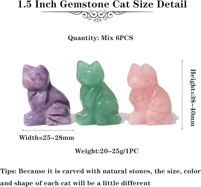 Gemstone Cat Figurine Mix 6PCS, Crystal Sitting Kitten Healing Carved Lucky Animal Carving for Home Decor 1.5''