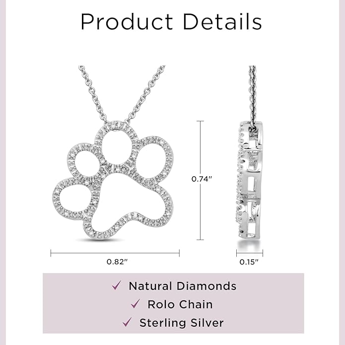 Jewelili Sterling Silver or Yellow Gold Plated Sterling Silver Dog Paw Pendant Necklace for Women | Treated Black or Natural White Round Diamonds | 18" Rolo Chain | Luxury Jewelry Gift for Her | Gift Box Included