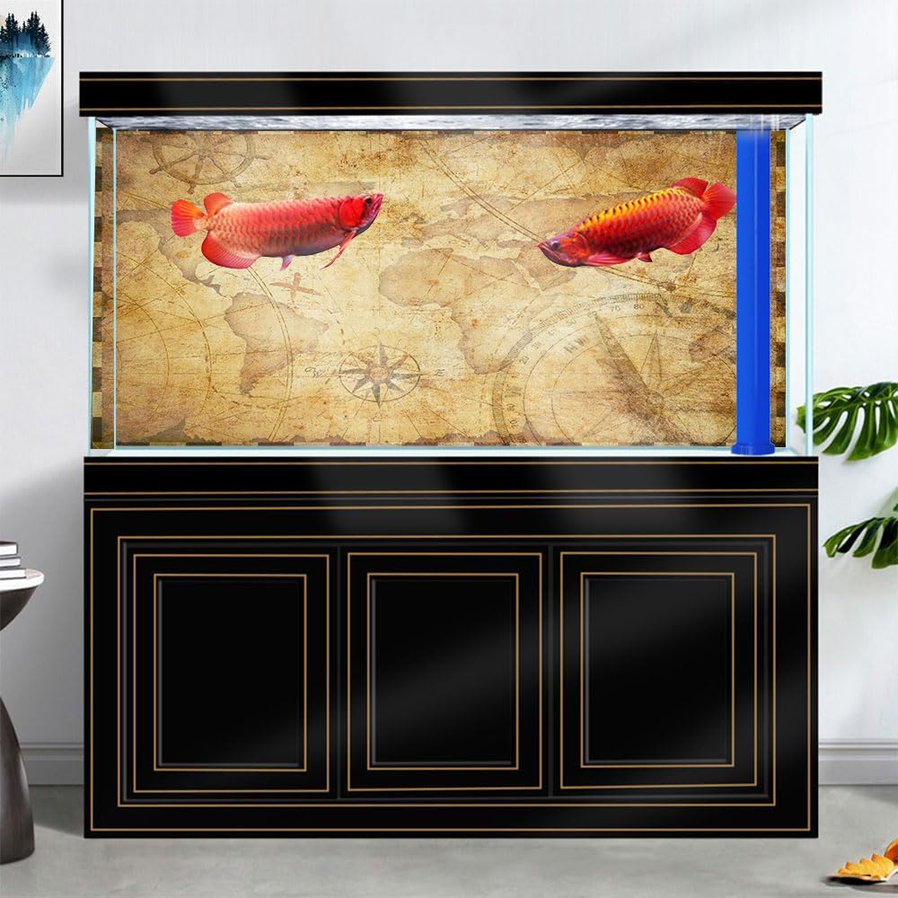 48X24IN Retro Old Travel World Map Terrarium Background, Art Parchment Pirate Treasure Map Reptile Habitat Background with 10EVA Double-Sided Tape