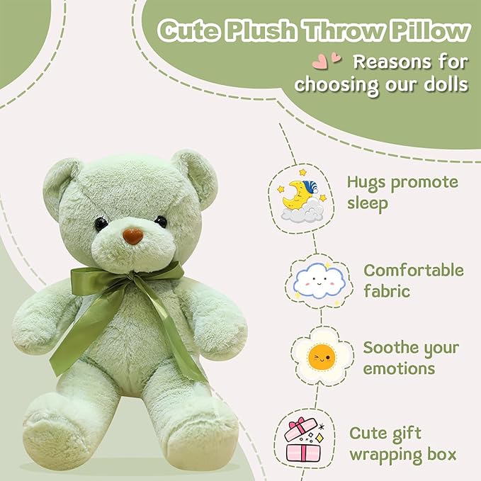 Green Teddy Bear Stuffed Animal 13.4” Soft Small Stuffed Teddy Bear Plush Toy Cute Cuddly Bear Plush for Kids Girls Birthday Mother's Day Graduation Wedding Party