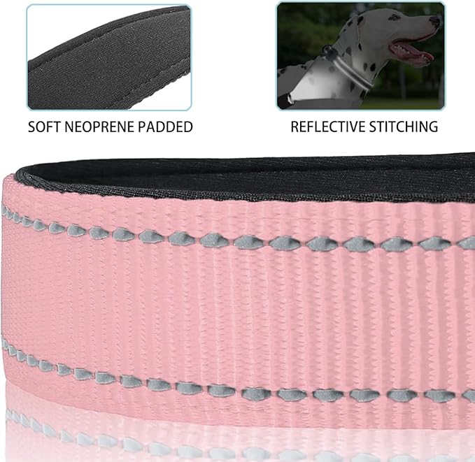 JSXD AirTag Dog Collar, Night Reflective Nylon Dog Collar for Small Medium Large Dogs,Lockable Quick Release Buckle,Padded Breathable Pet Collar with AirTag Holder (Pink, Large)