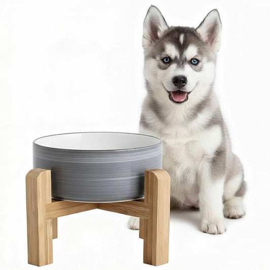 hjn Elevated Ceramic Dog Bowl with Bamboo Stand, Raised Pet Feeding Station for Small Medium Dogs Cats, Modern Design with Anti-Slip Base (White Gray, 3.6Cup)