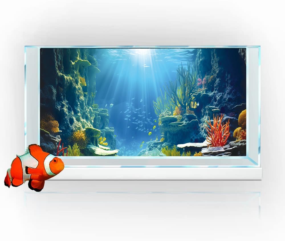 30X18IN Blue Sea Floor Aquarium Background, Natural Underwater World 3D Effect Fish Tank Decorations Background, Art Terrarium Background with 8 EVA Double-Sided Tape