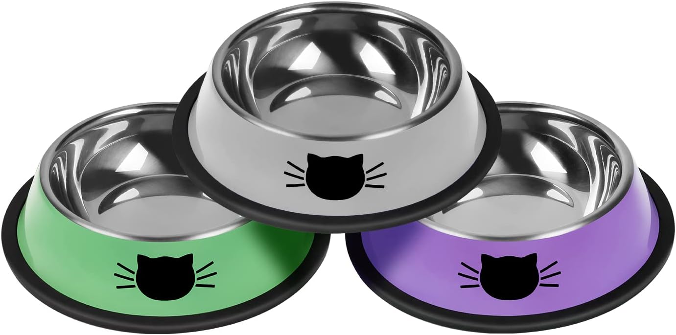 3Pcs Cat Bowls, Non-Slip Stainless Steel, 7 Oz, Suitable for Indoor Pets, Removable Rubber Base, Lovely Color