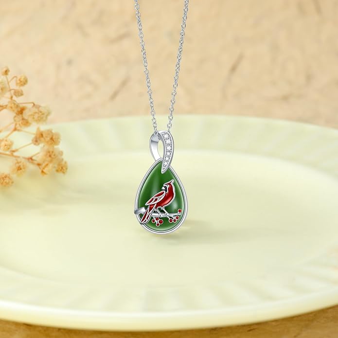 Green Jade Necklace Sterling Silver Teardrop Hummingbird/Dragonfly/Butterfly/Bee/Cat/Cardinal/Owl/Fox/Sloth Natural Jade Jewelry Birthday Mothers Day Christmas Gifts Women Mom Her