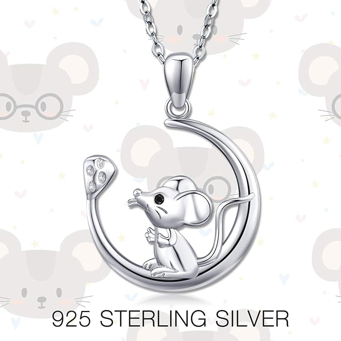 JUSTKIDSTOY Mouse Necklace 925 Sterling Silver Rat on the Moon Pendant Necklace Cute Animal Jewelry Gifts for Women
