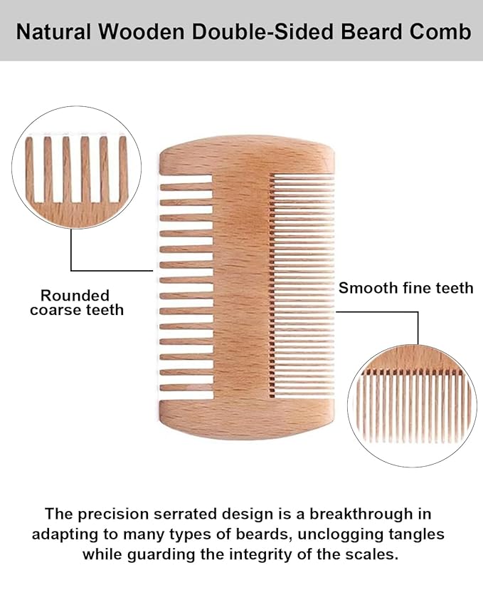 4 Pack Double-Sided Pocket Comb, Wooden Dual Action Beard and Mustache Comb Set with Leather Cases for Beards and Mustaches, Everyday Styling Comb For Detangling Knots, Beard Care & Grooming
