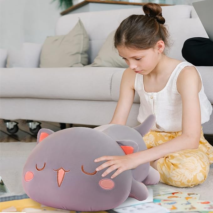 FUYU Cat Stuffed Animals, Soft Cat Plush Pillow Kawaii Kitten Stuffed Animal Toy Gifts for Kids Boys Girls Room Decor (Gray Squinted,19in/50cm)
