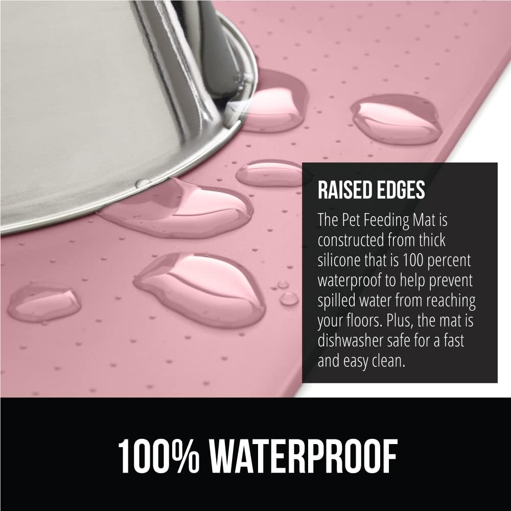 GORILLA GRIP 100% Waterproof Raised Edge BPA Free Silicone Pet Feeding Mat, Dog Cat Food Mats Contain Spills Protects Floors, Placemats for Cats and Dogs Water Bowl, Pets Accessories 16x10, Pink