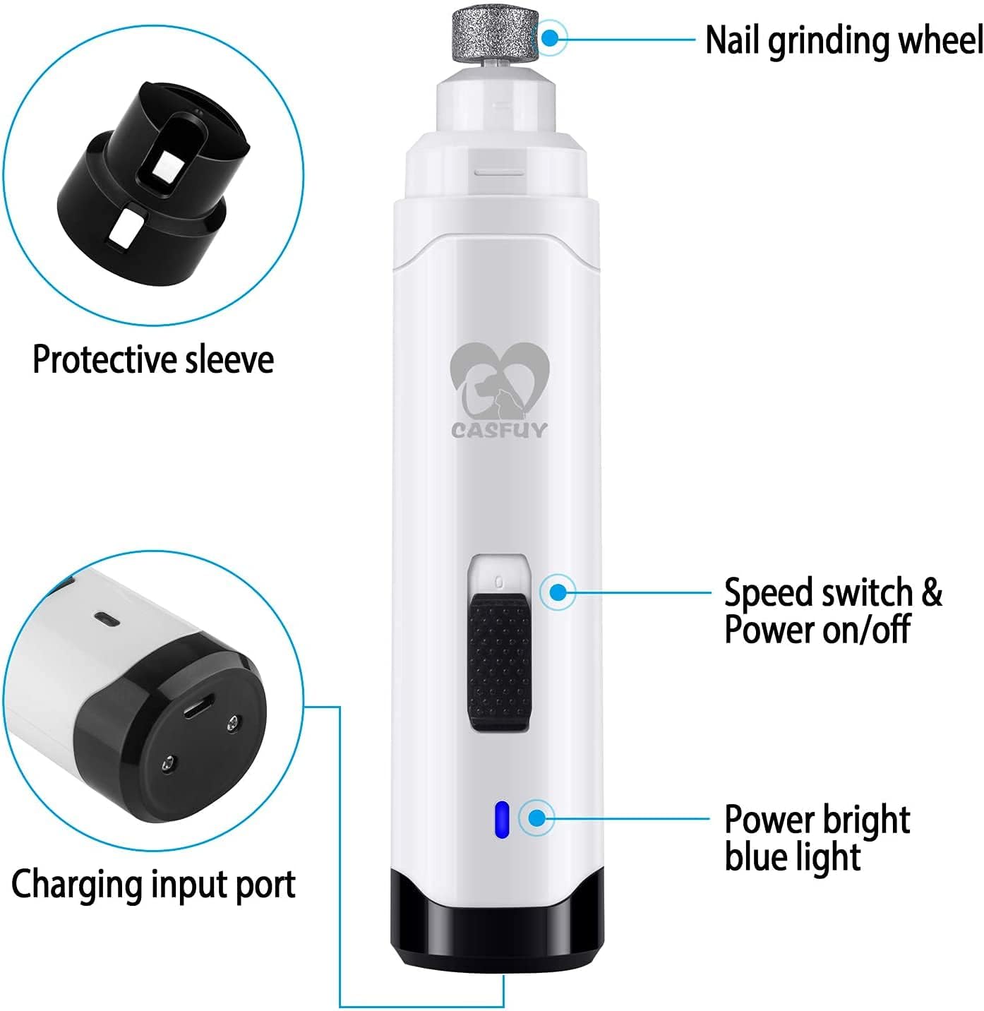 Casfuy Dog Nail Grinder Upgraded - Professional 2-Speed Electric Rechargeable Pet Nail Trimmer Painless Paws Grooming & Smoothing for Small Medium Large Dogs & Cats (White)
