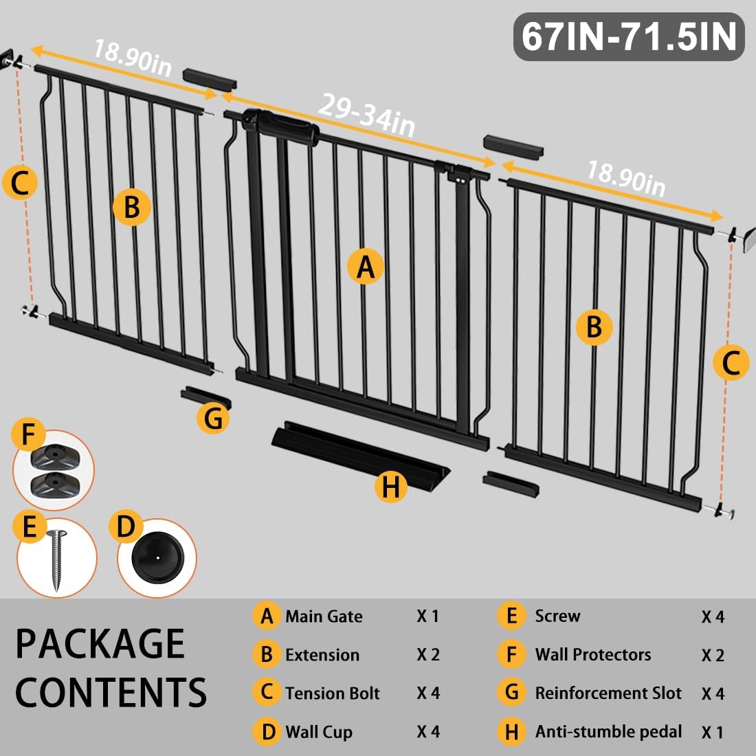 Fairy Baby Extra Wide Baby Gate Black 67-71.5 Inch Wide, Walk Through Pressure Mounted No Drill, Long and Large Tension Gate for Pet and Kids