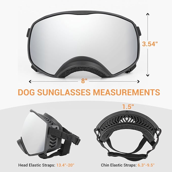 Dog Sunglasses UV Protection Clear Dog Goggles Windproof Glasses with Elastic Straps for Medium-Large Breed, Black Frame + Silver Lens