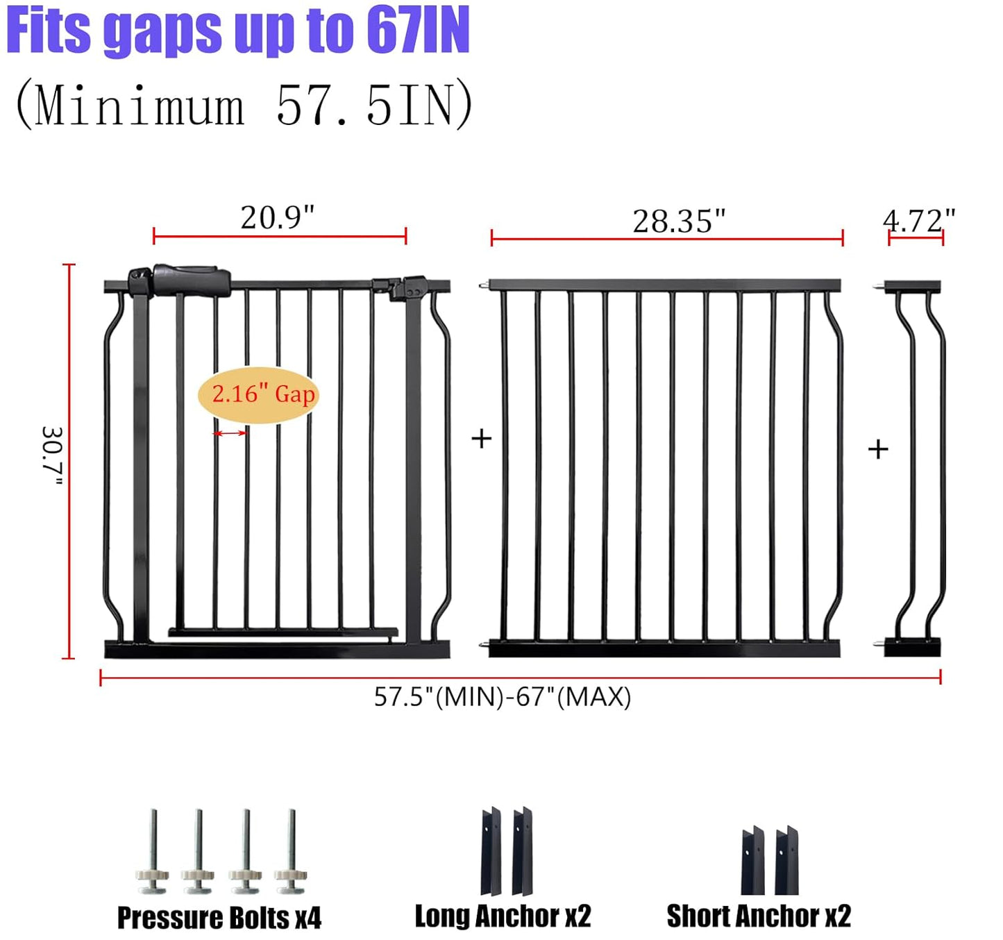 Extra Wide 62-67 Inch Baby Gates for Stairs, Doorways - No Drilling, Pressure Mounted Pet Gates for Kids & Dogs