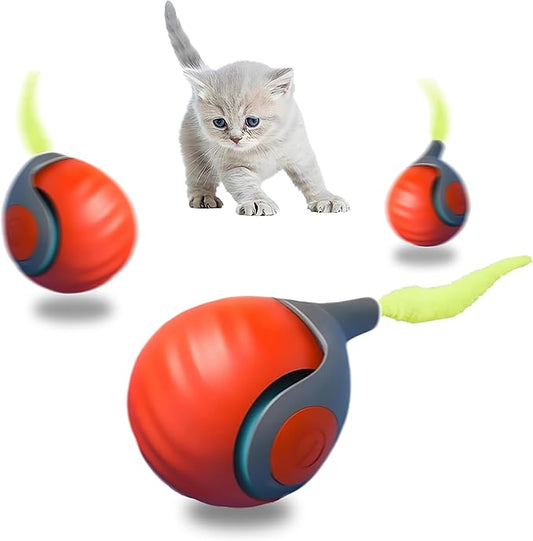Automatic Cat Ball Toy with 2 Feather Tails - Rechargeable Interactive Cat Toys, 2-Speed Motion Activated Roller for Indoor Cats to Relieve Boredom (Small/Medium/Large Cats) (Orange)
