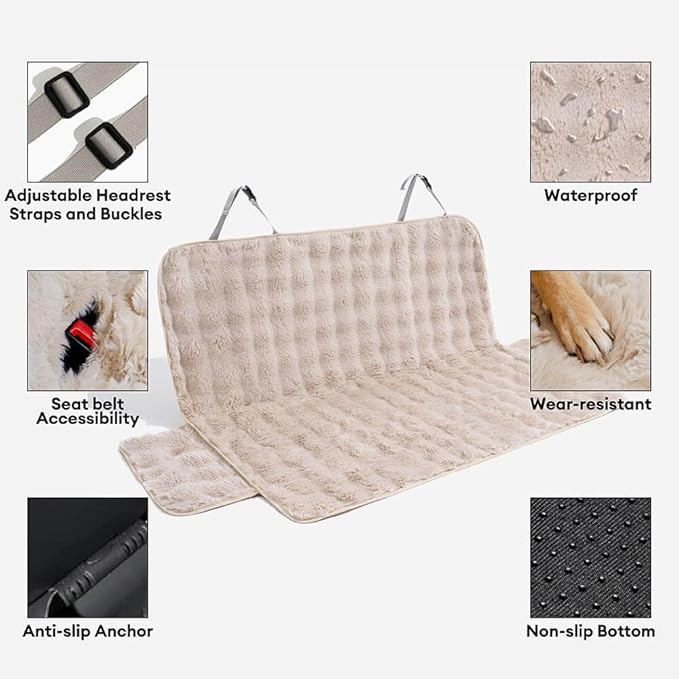 FUNNY FUZZY Fluffy Dog Car Seat Cover for Back Seat (Bench), Water-Resistant with Nonslip Backing,Pet Seat Protector for Cars SUVs Trucks（Brown