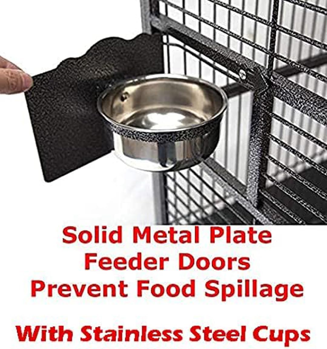 64" Extra Large Corner Bird Flight Breeding Wrought Iron Rolling Parrot Cage Side Solid Metal Plate Feed Doors Pull Out Removable Grate and Tray with Around Metal Seed Guard
